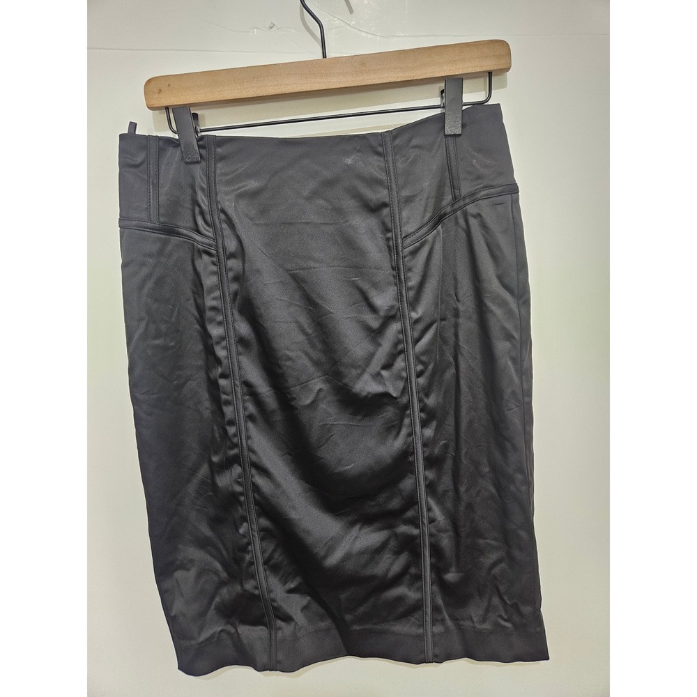 White House Black Market Black Satin Pencil Skirt Seamed High Waist Size 4